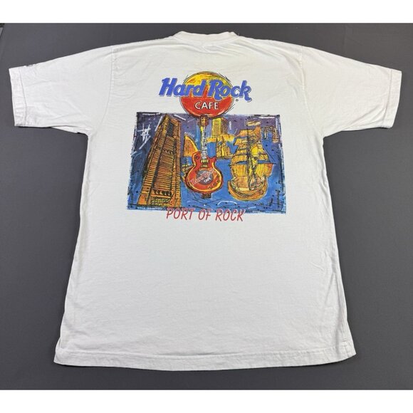 Rare Vintage 90s Hard Rock Cafe Port Of Rock Art Guitar White XL Shirt Music Tee - Picture 1 of 13